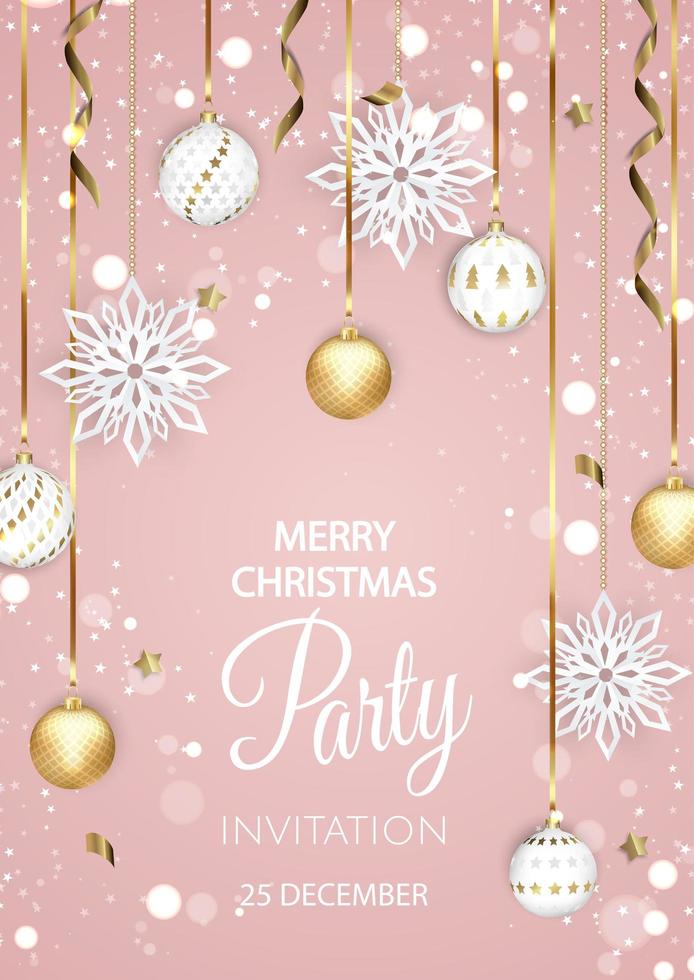 Merry Christmas Party invitation. Happy New Year card Decoration. Winter background. Seasonal holidays. vector