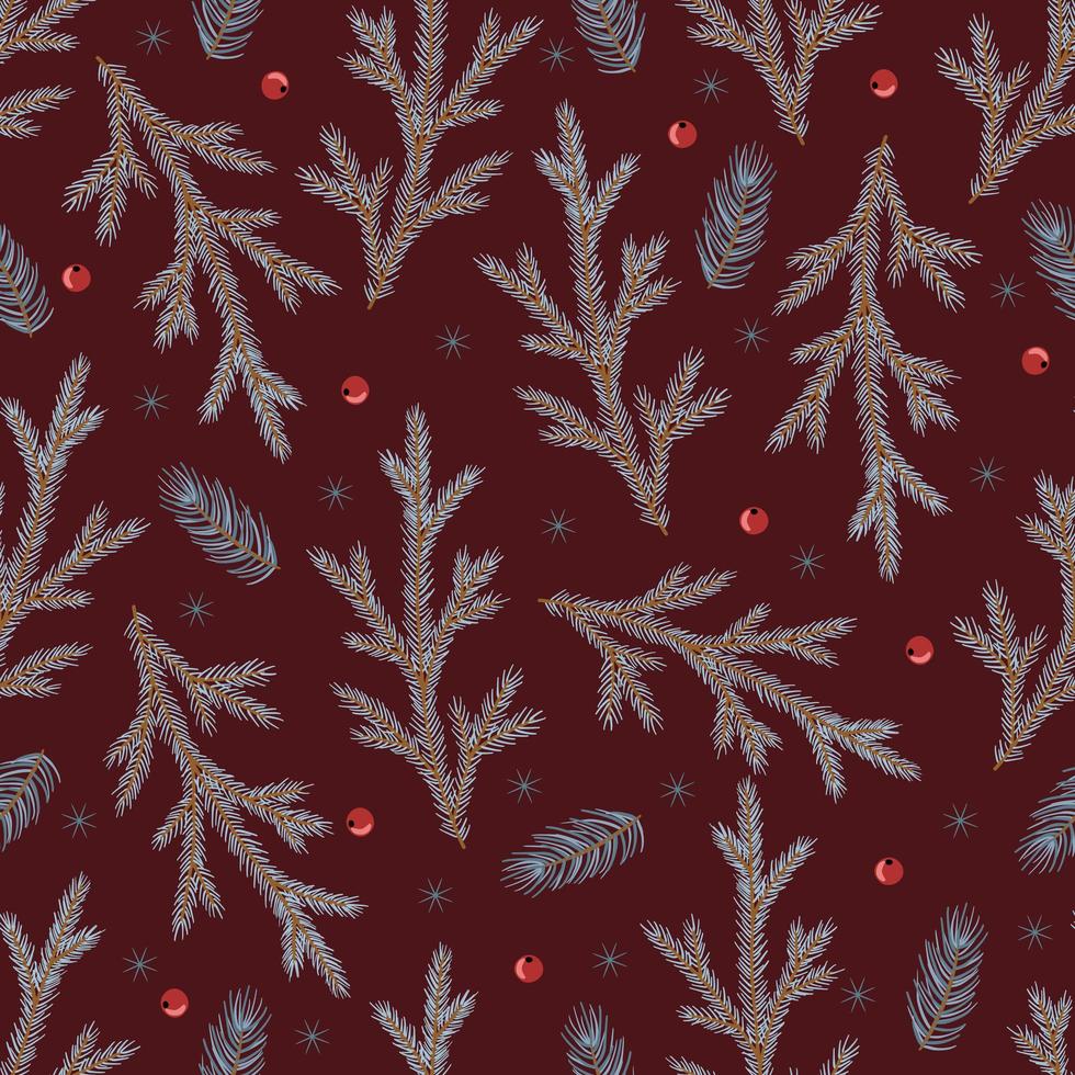 Christmas seamless pattern. Pine twigs, red berries, snowflakes. Season greeting digital paper. Winter Xmas holidays vector