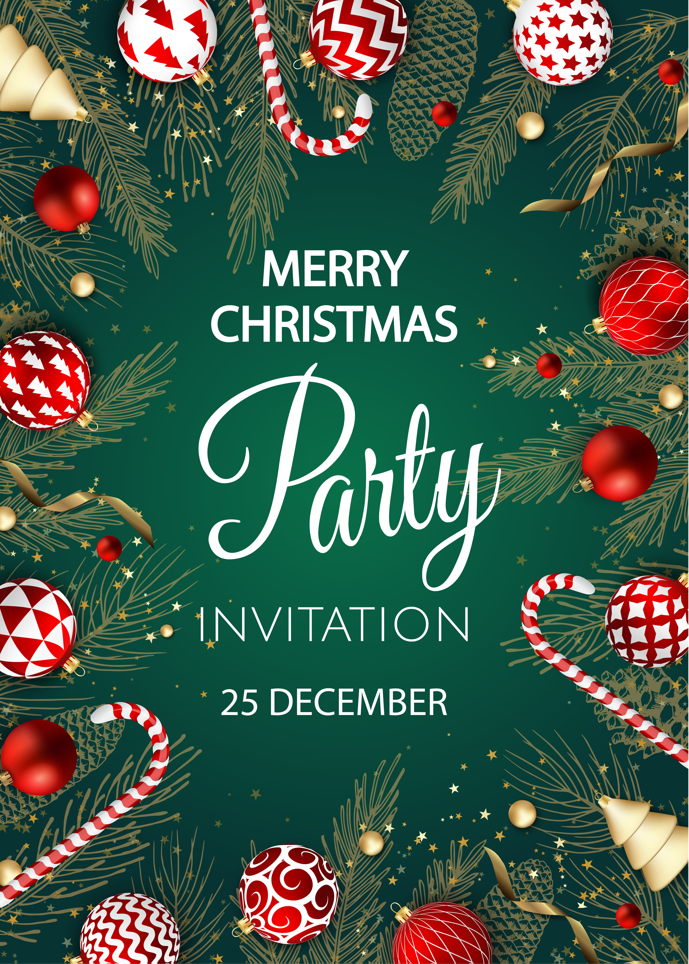 Merry Christmas Party invitation. Happy New Year card Decoration ...