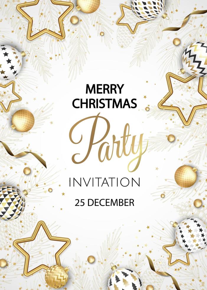 Merry Christmas Party invitation. Happy New Year card Decoration. Winter background. Seasonal holidays. vector