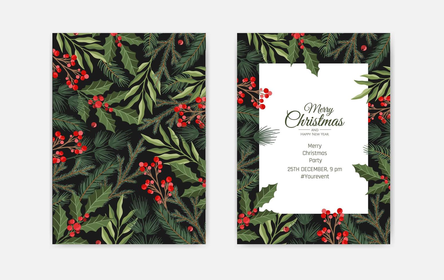 conjunto de tarjetas de felicitación de feliz navidad, pancartas verticales, folletos, invitaciones. feliz año nuevo, tarjetas de felices fiestas con flores navideñas y objetos de invierno vector