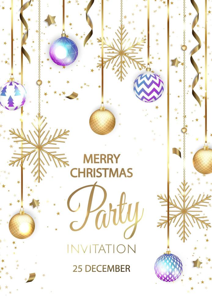 Merry Christmas Party invitation. Happy New Year card Decoration. Winter background. Seasonal holidays. vector