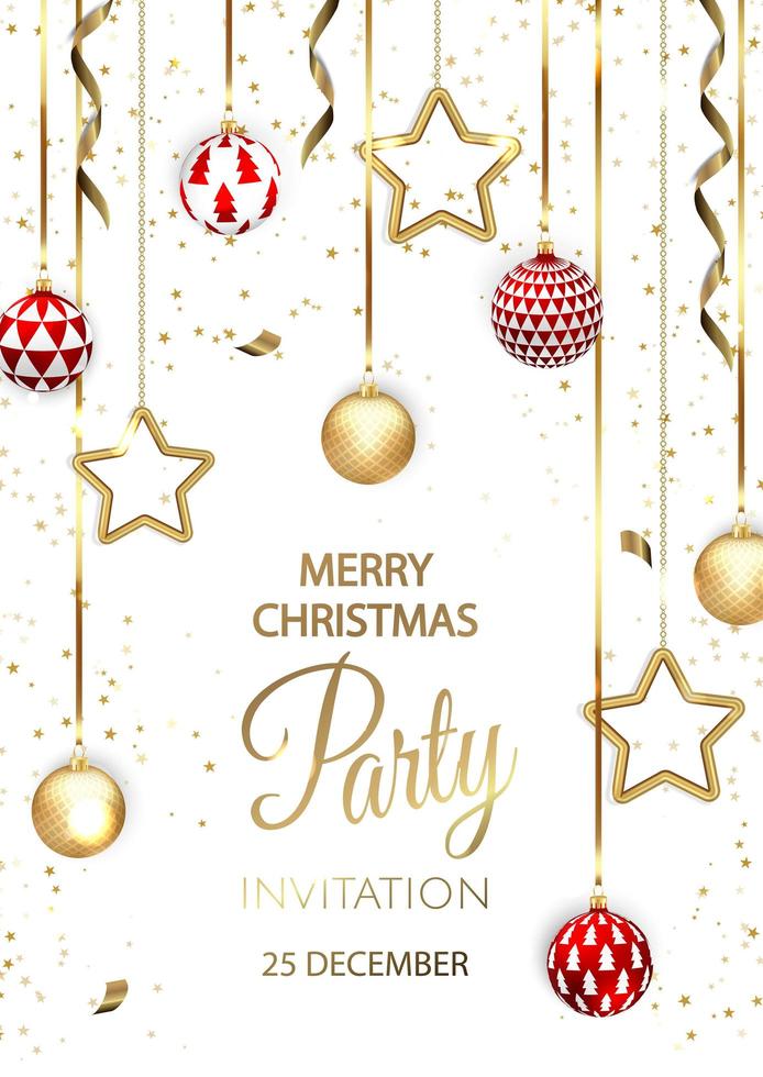 Merry Christmas Party invitation. Happy New Year card Decoration. Winter background. Seasonal holidays. vector