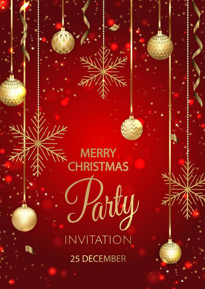 Christmas party invitation with balls and gold snowflakes vector