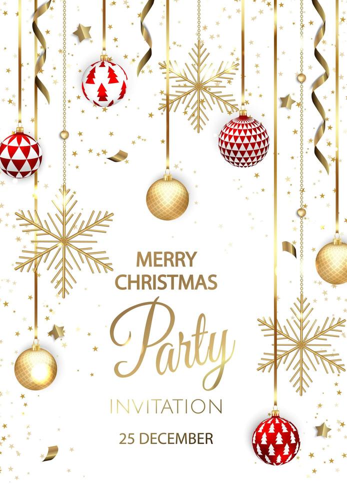 Merry Christmas Party invitation. Happy New Year card Decoration. Winter background. Seasonal holidays. vector