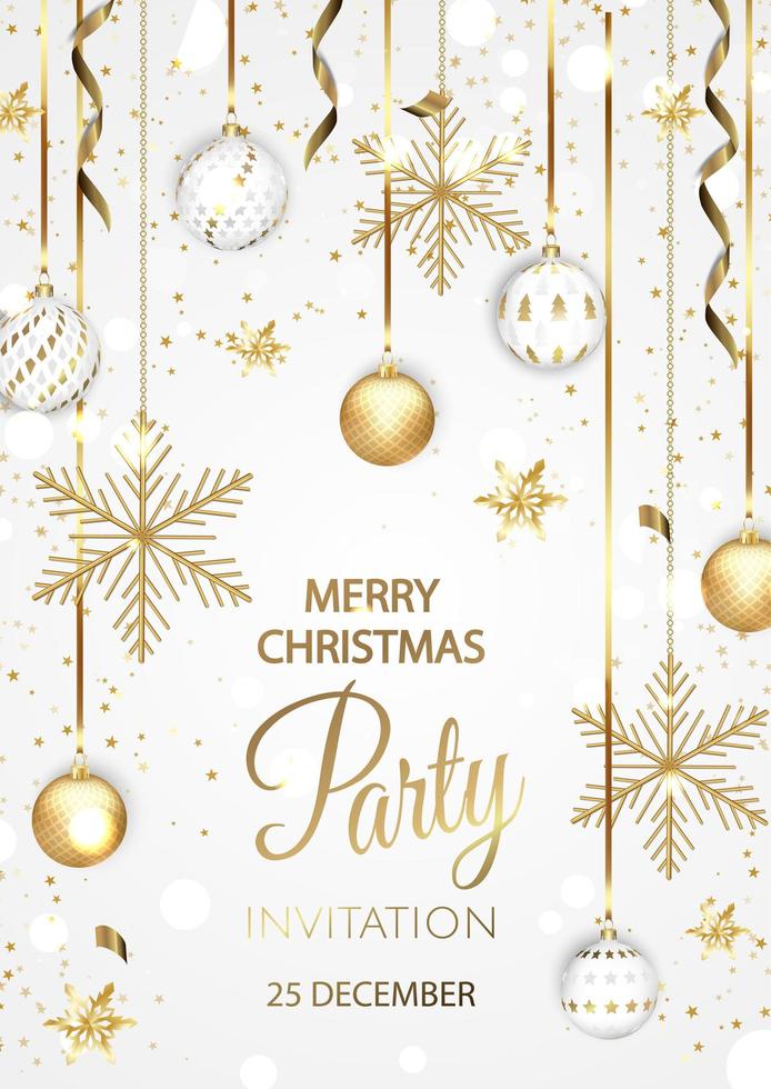 Christmas party invitation with balls and gold snowflakes vector