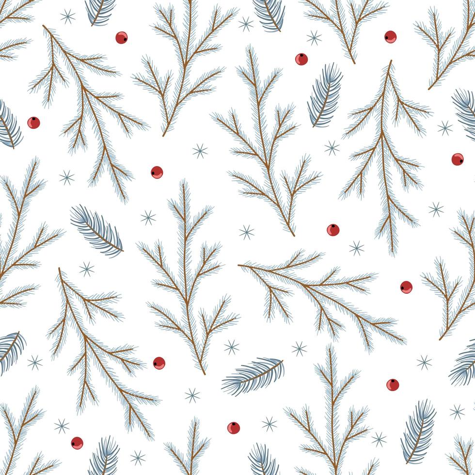 Navidad de patrones sin fisuras. ramitas de pino, frutos rojos, copos de nieve. temporada saludo papel digital. vacaciones de navidad de invierno vector