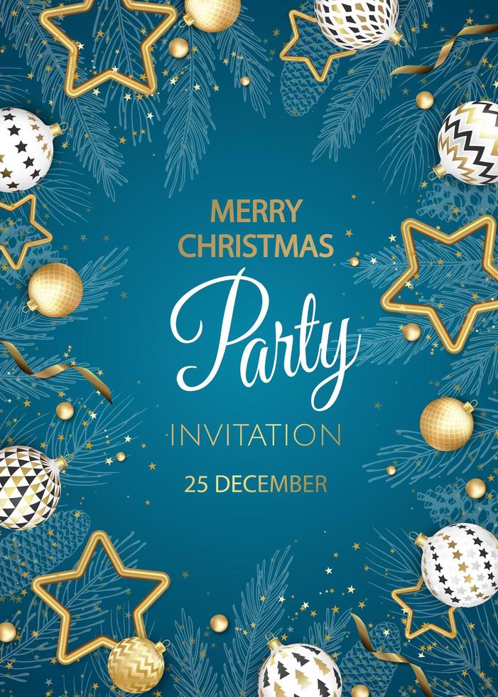Christmas party invitation with balls and gold snowflakes vector