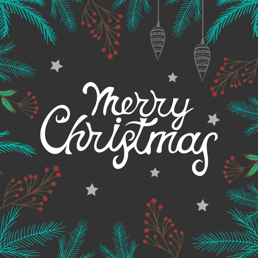 Merry Christmas calligraphy lettering isolated on dark web background with holiday elements - Vector