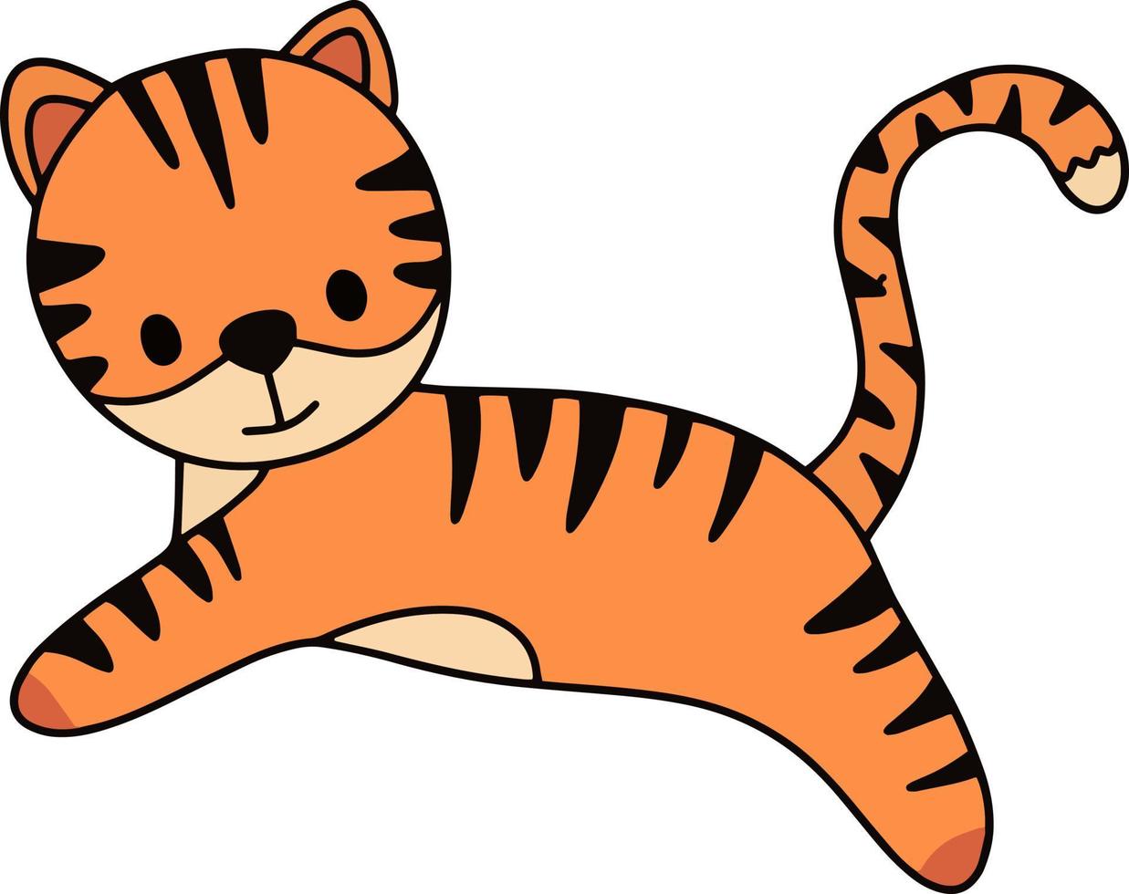 Vector lindo tigre de bebé rojo saltando pose. tigre bebé del doodle para la decoración del cuarto de niños. elemento aislado