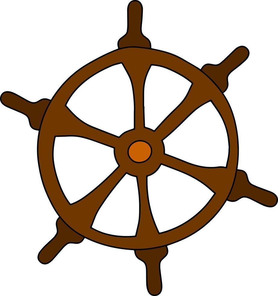 Vector isolated brown wooden ship wheel illustration. Navigation element on ship. Steerling wheel