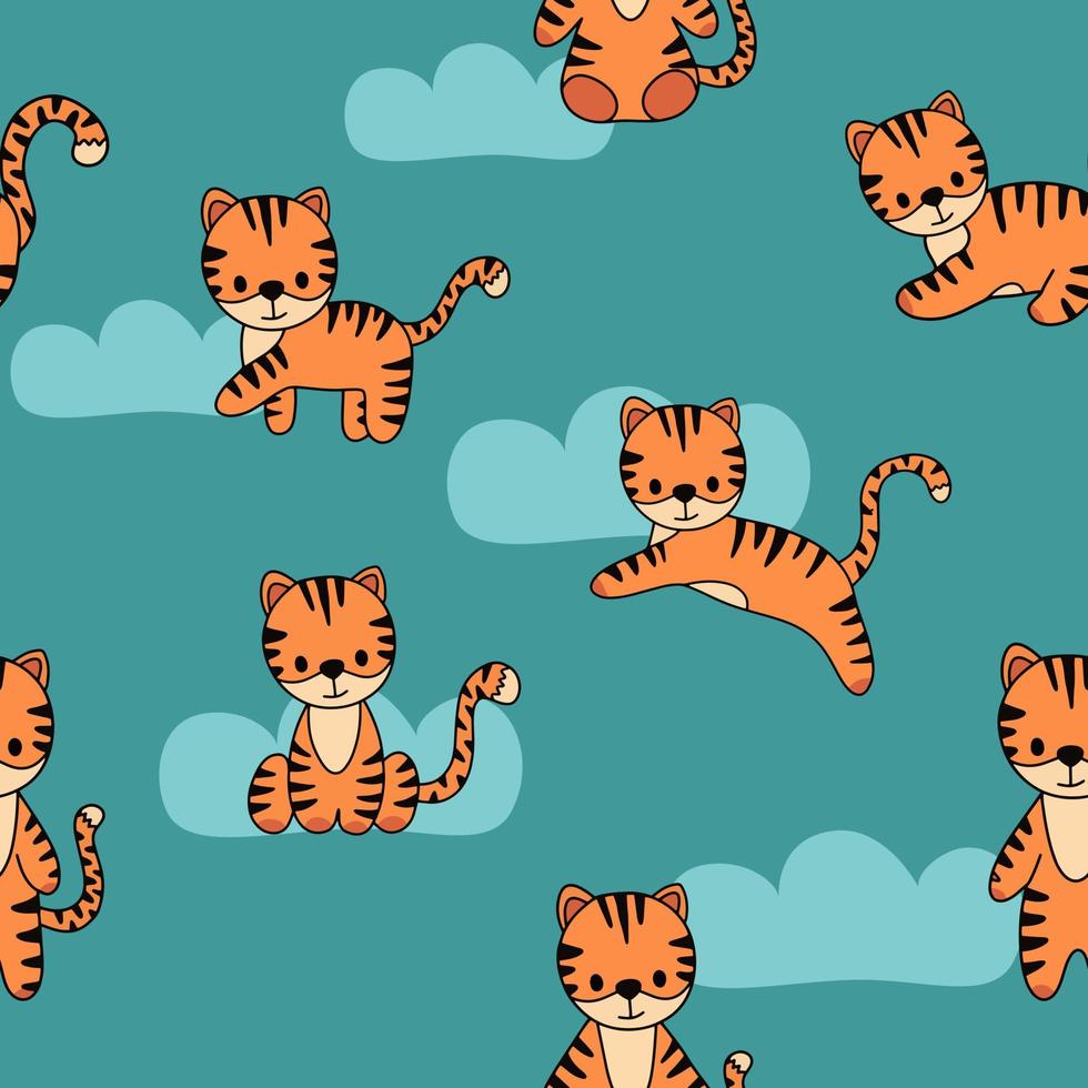 Vector seamless pattern with cute doodle baby tigers. Nursery seamless background and decoration. Print for textile, wallpaper and other