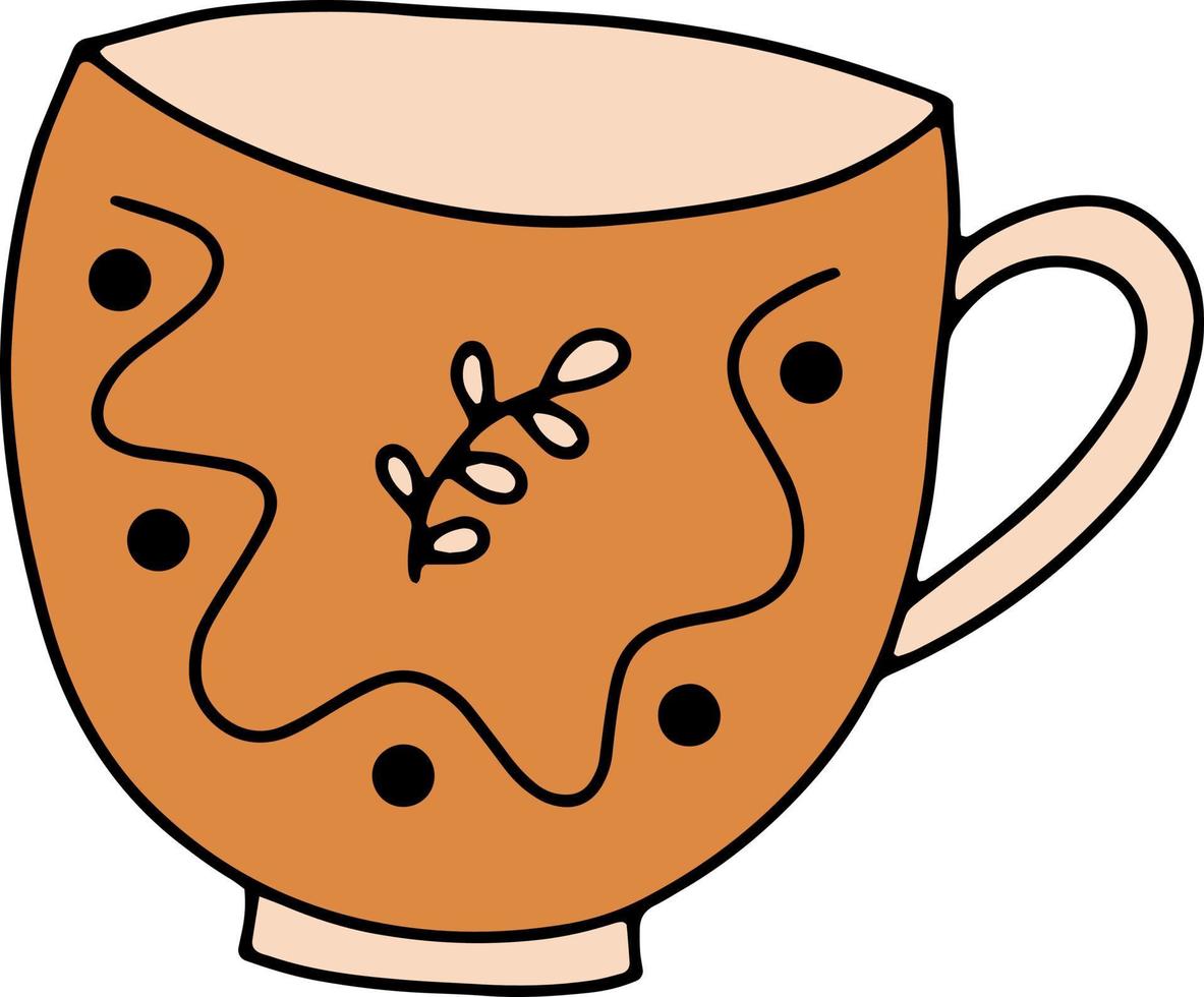ilustración vectorial con taza de cerámica hecha a mano de color naranja. Artículos de cocina de cerámica con diseño de adornos de la naturaleza. alfarería hecha a mano vector