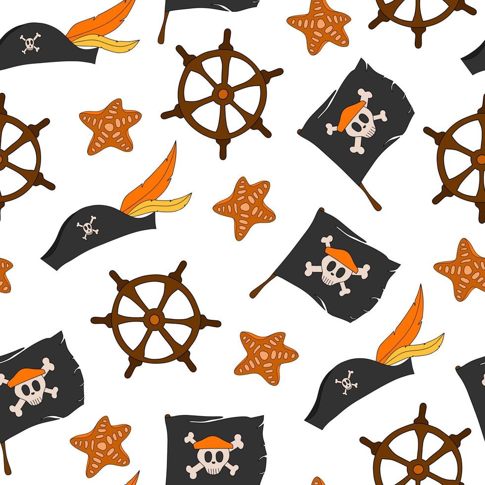 Vector colorful pirate seamless pattern with nautical theme. Fun pirate background with colorful elements