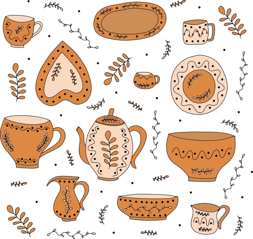 ilustración vectorial con colorida colección de utensilios de cocina de cerámica hechos a mano. artículos de cerámica de cocina: tazas, platos, tazones, jarra, tetera, plato. vector