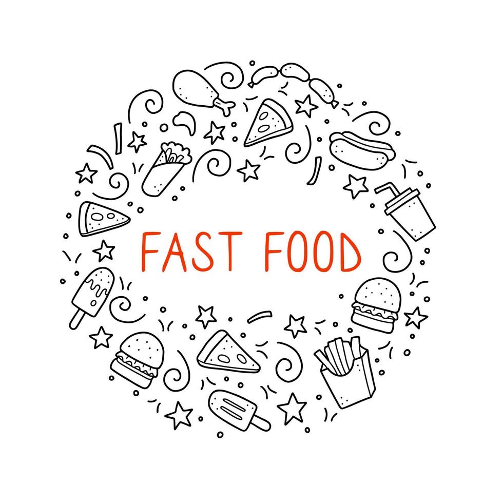 Set of hand drawn fast food doodle. Vector illustration.