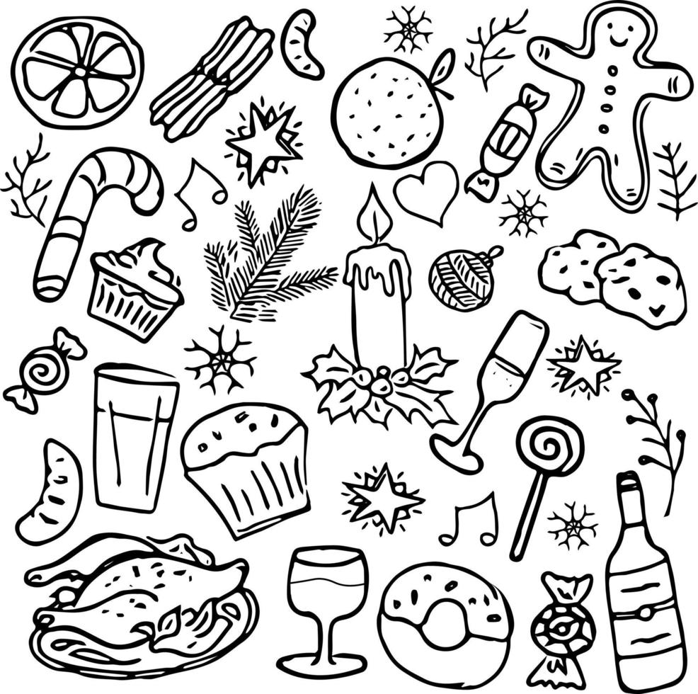 iconos de comida navideña. Doodle ilustración de vector de comida de Navidad