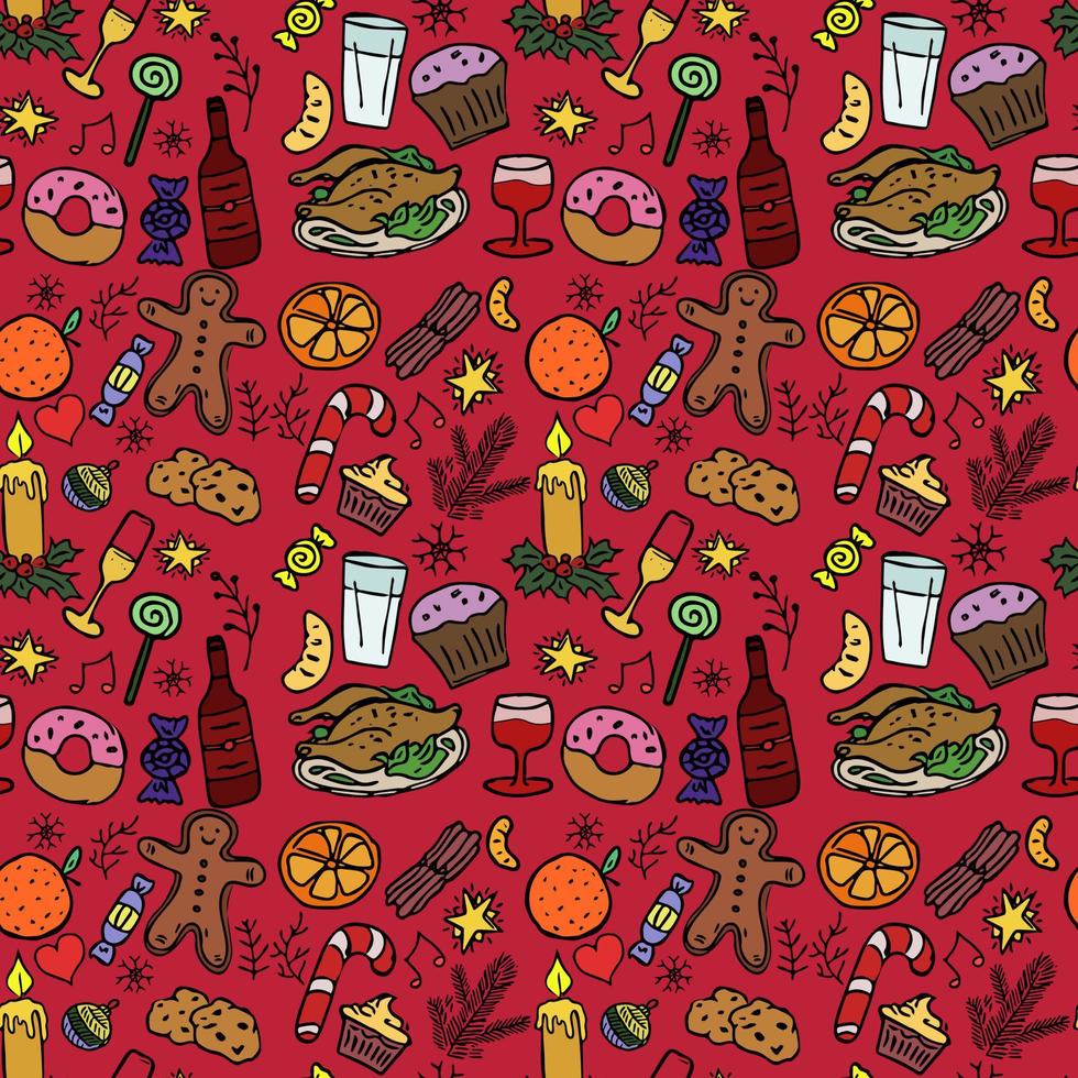 patrón de comida de Navidad sin fisuras. navidad fondo rojo vector