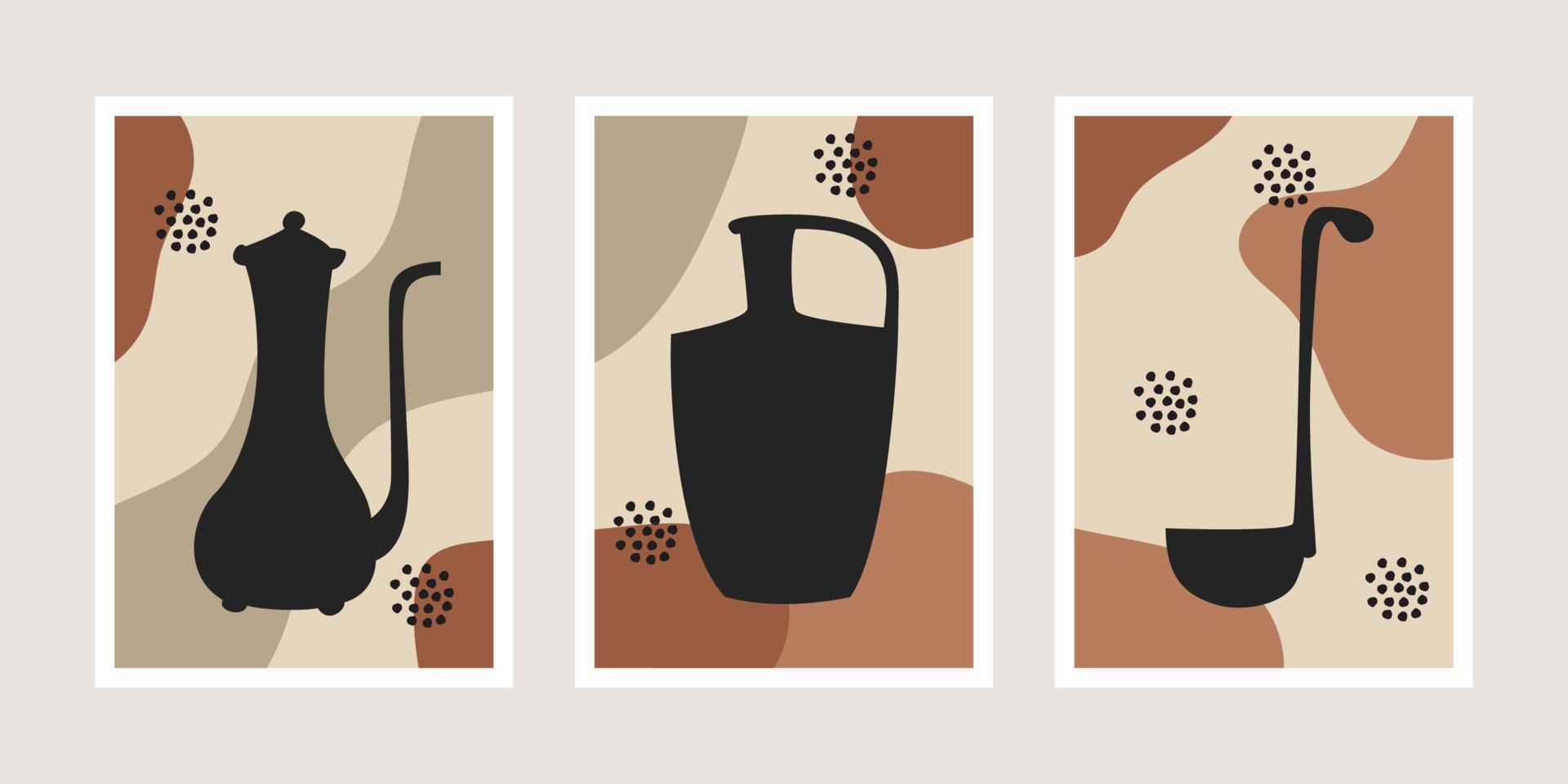 Set of minimalistic posters with tableware silhouettes vector