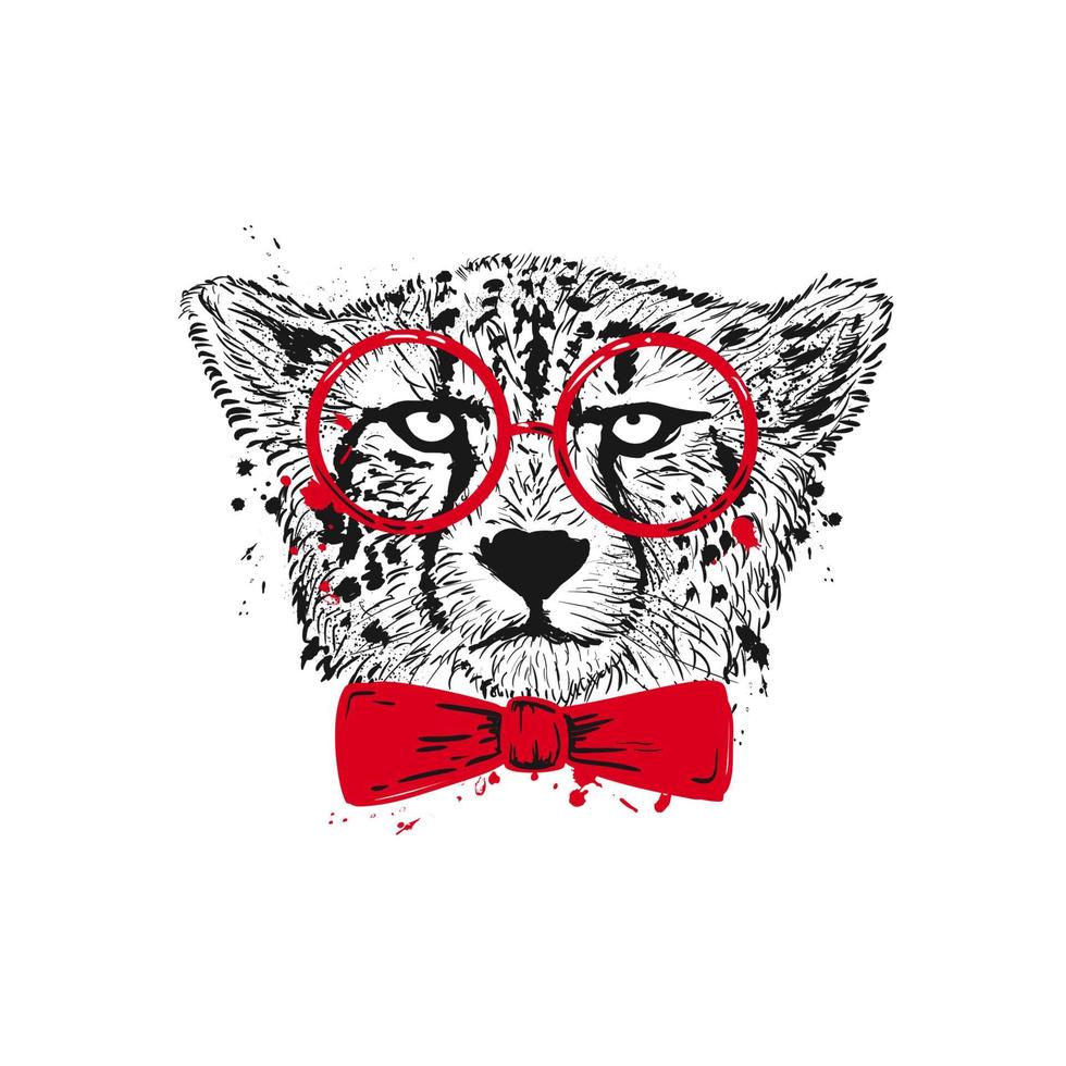 Cheetah in glasses and a bow sketch print. vector