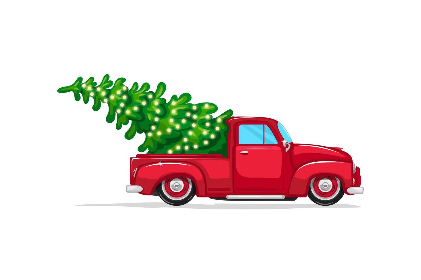 Red Christmas pickup truck with a tree in the back vector