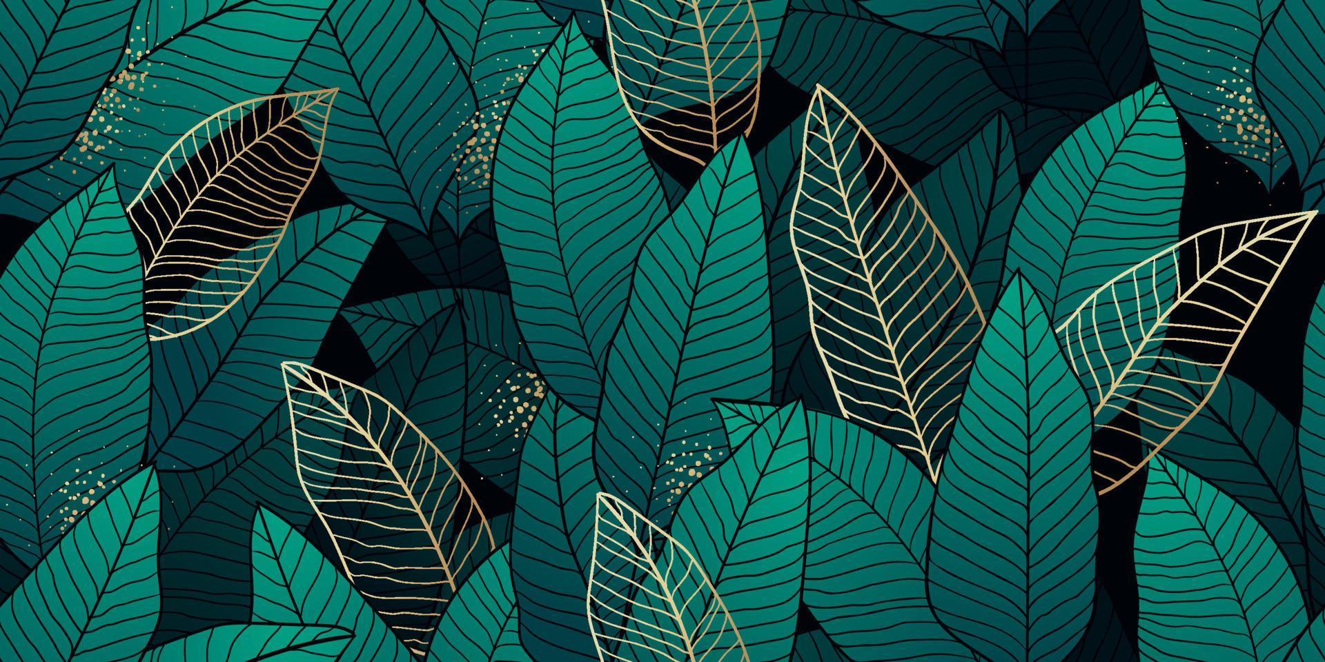 Tropical leaves with golden outlines seamless pattern vector