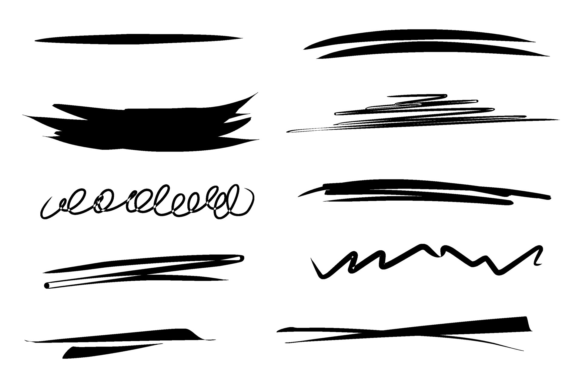 Set of artistic pen brushes. Hand drawn grunge strokes. Doodle design