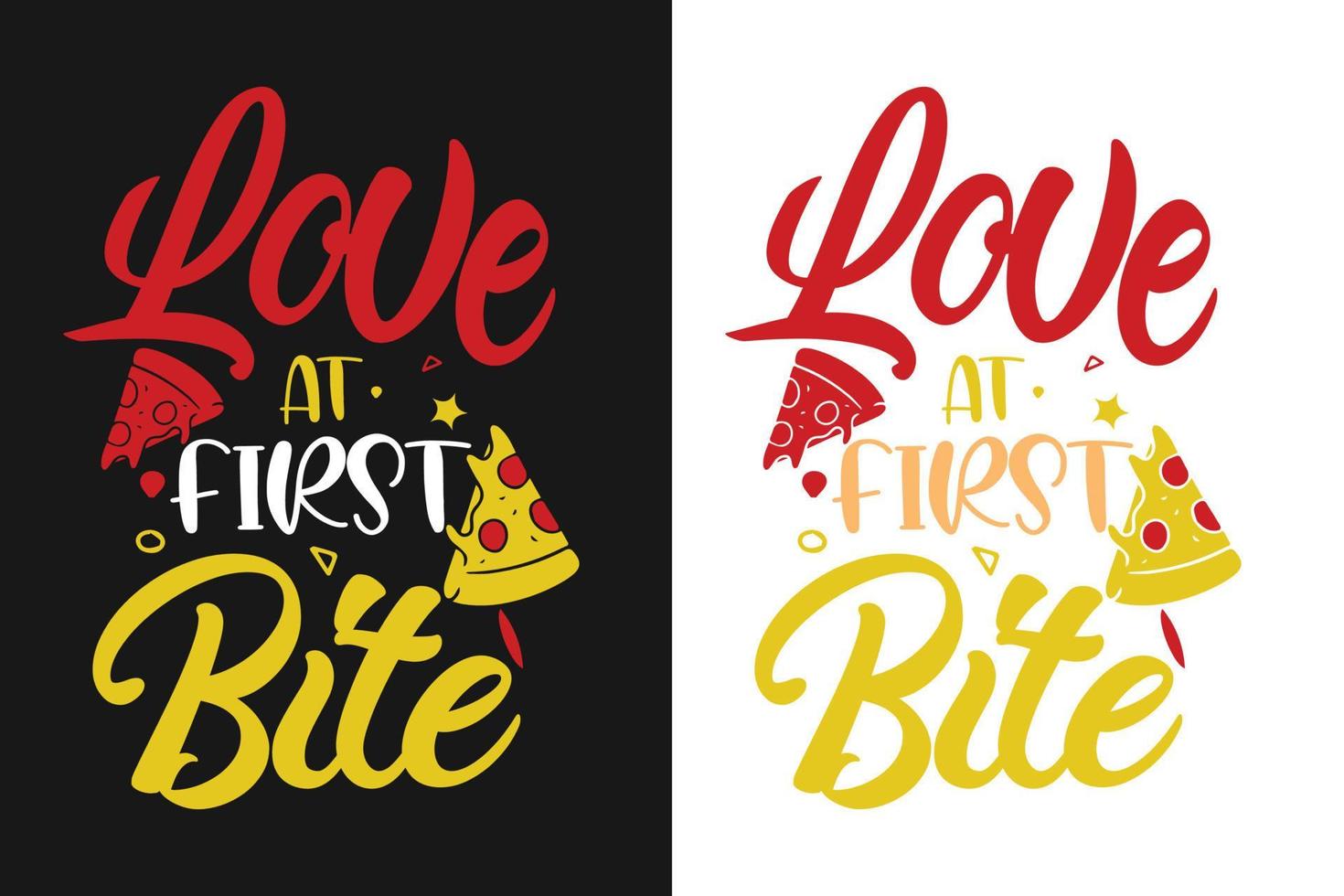 amor al primer bocado tipografía de pizza letras citas coloridas para camisetas y mercancías vector
