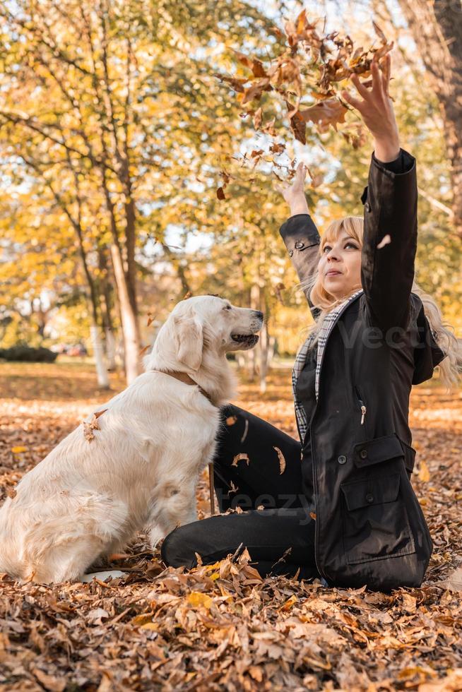 happy owner woman playing with her retriever dog in autumn park photo