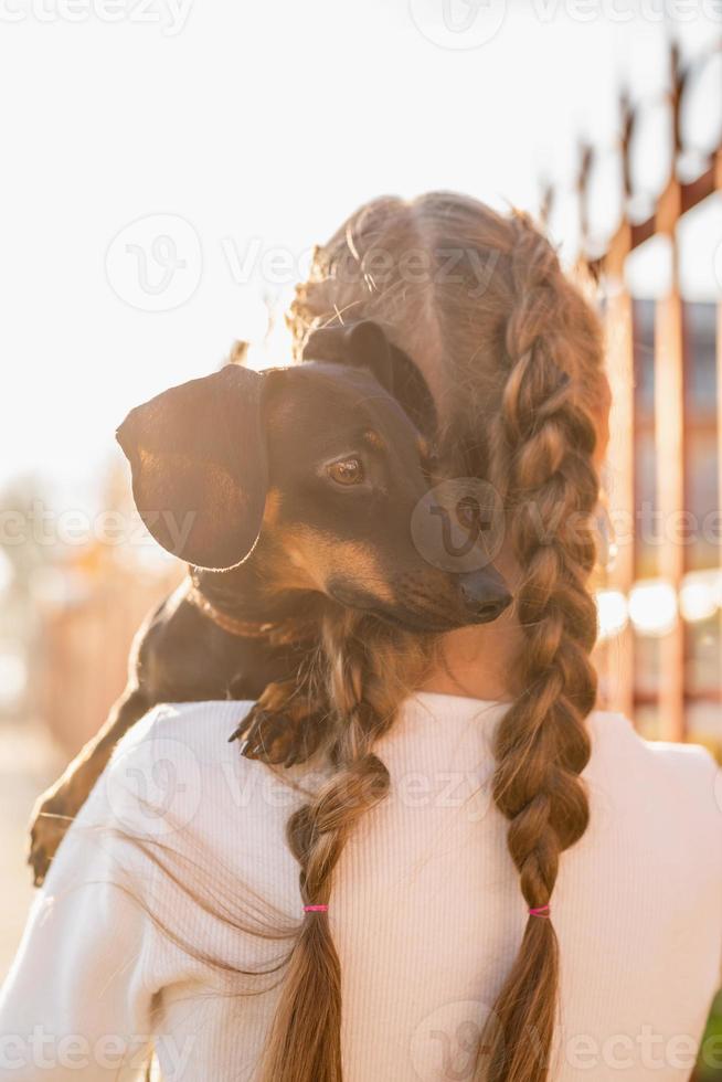 teenager girl holding her dachshund dog in her arms outdoors in sunset photo