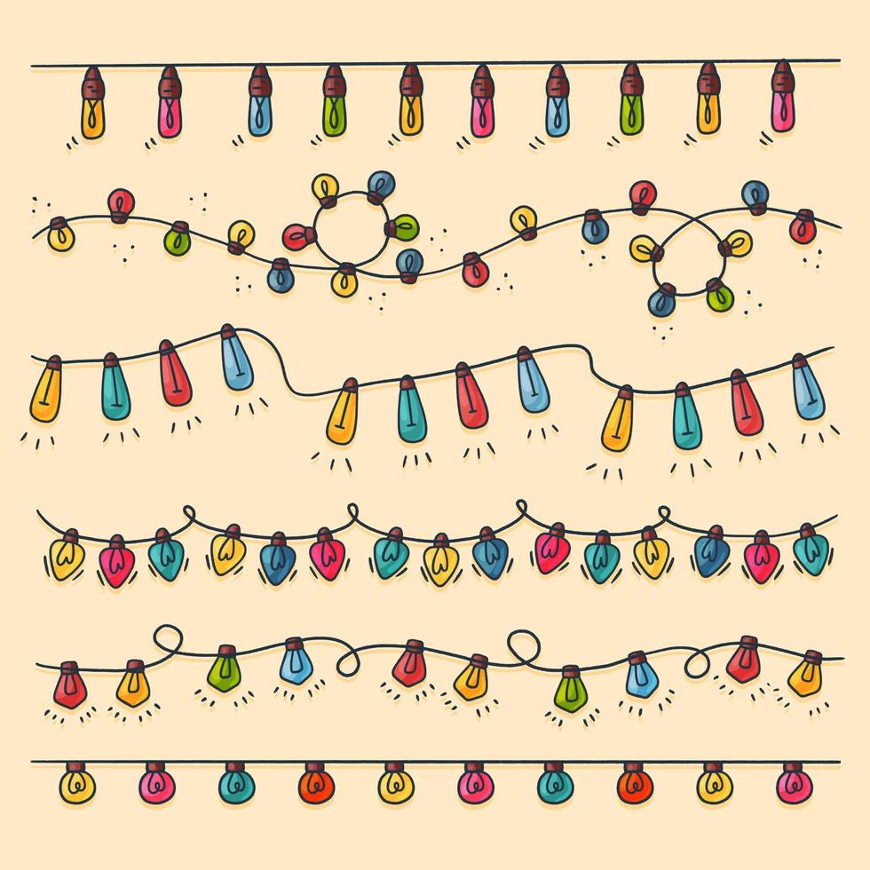 Christmas lights collection handdrawn, vector illustration. Cute cartoon hand drawn style