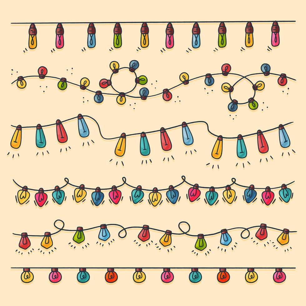 Christmas lights collection handdrawn, vector illustration. Cute cartoon hand drawn style