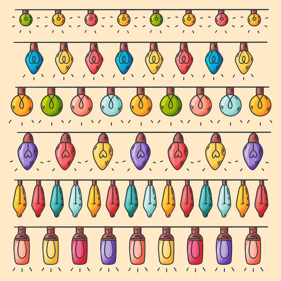 Christmas lights collection handdrawn, vector illustration. Cute cartoon hand drawn style