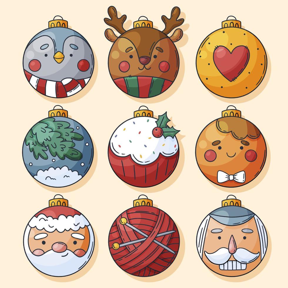 conjunto de bolas y adornos navideños dibujados a mano vector