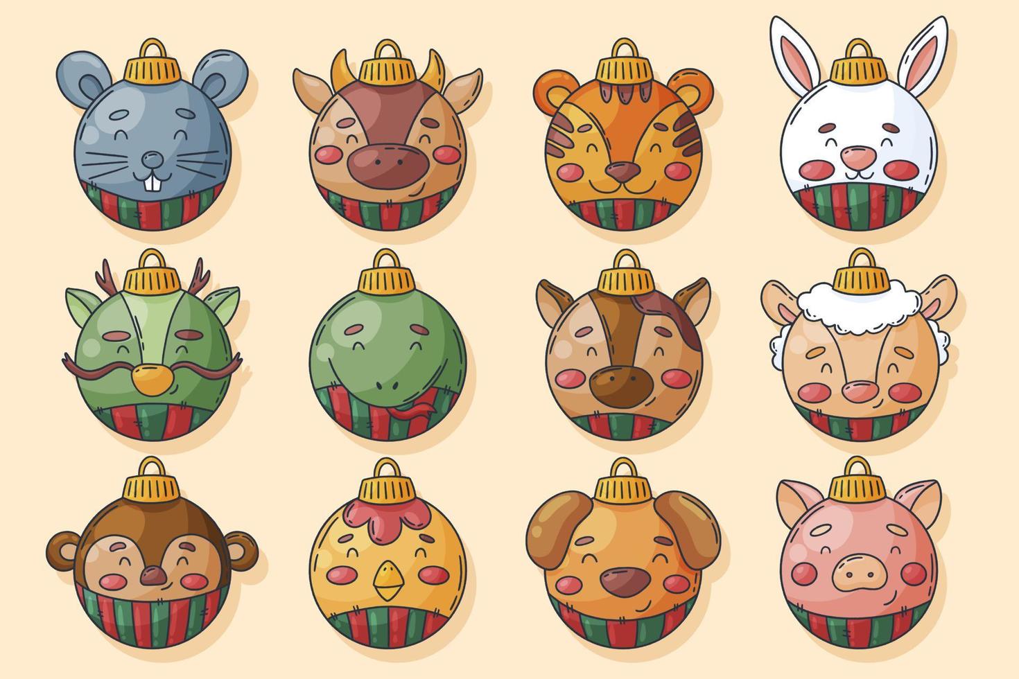 Christmas balls as 12 Chinese traditional zodiac animals 4334951 Vector Art  at Vecteezy