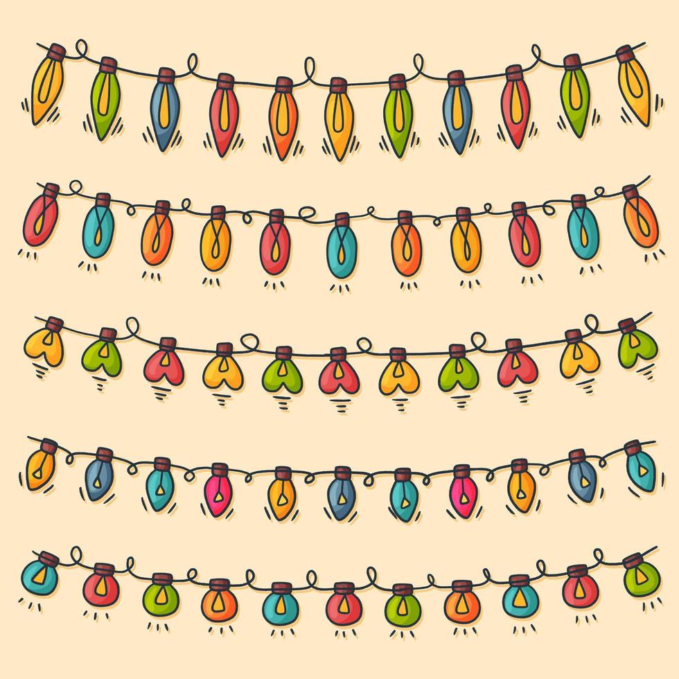 Christmas lights collection handdrawn, vector illustration. Cute cartoon hand drawn style