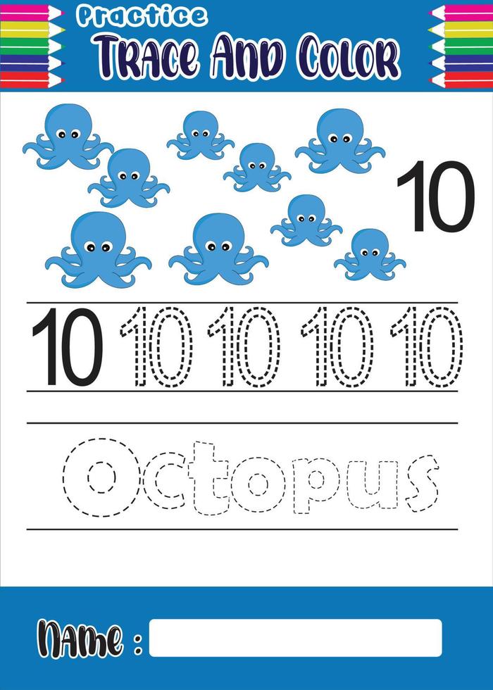 number tracing and coloring octopus for kids vector