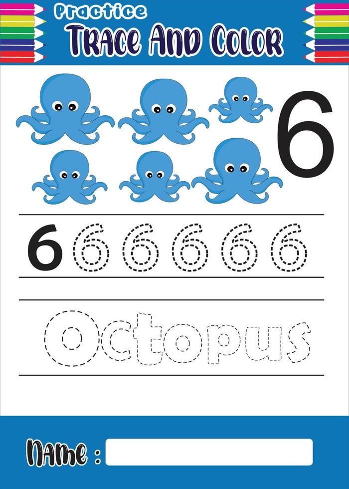 number tracing and coloring octopus for kids vector