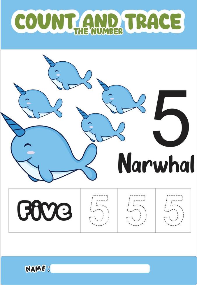 numbering trace and color narwhal .for kids. vector