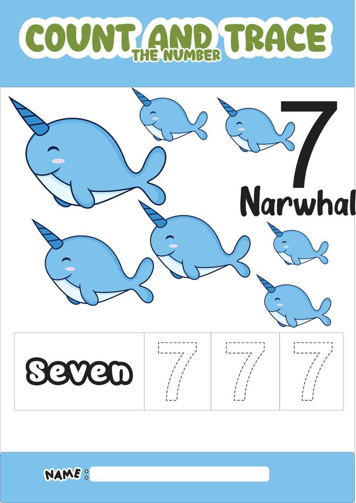 numbering trace and color narwhal .for kids. vector