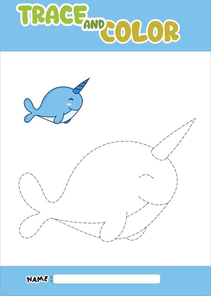 trace and color animal . tracing and coloring narwhal. vector