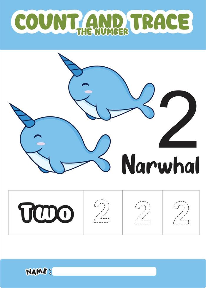 numbering trace and color narwhal .for kids. vector