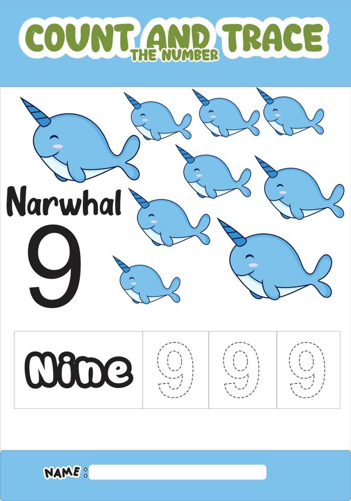 numbering trace and color narwhal .for kids. vector