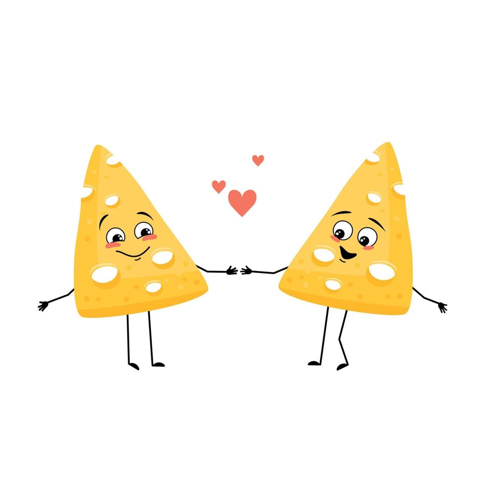 Cute cheese character with love emotions, smile face, arms and legs. Fun dairy meal or snack. Vector flat illustration