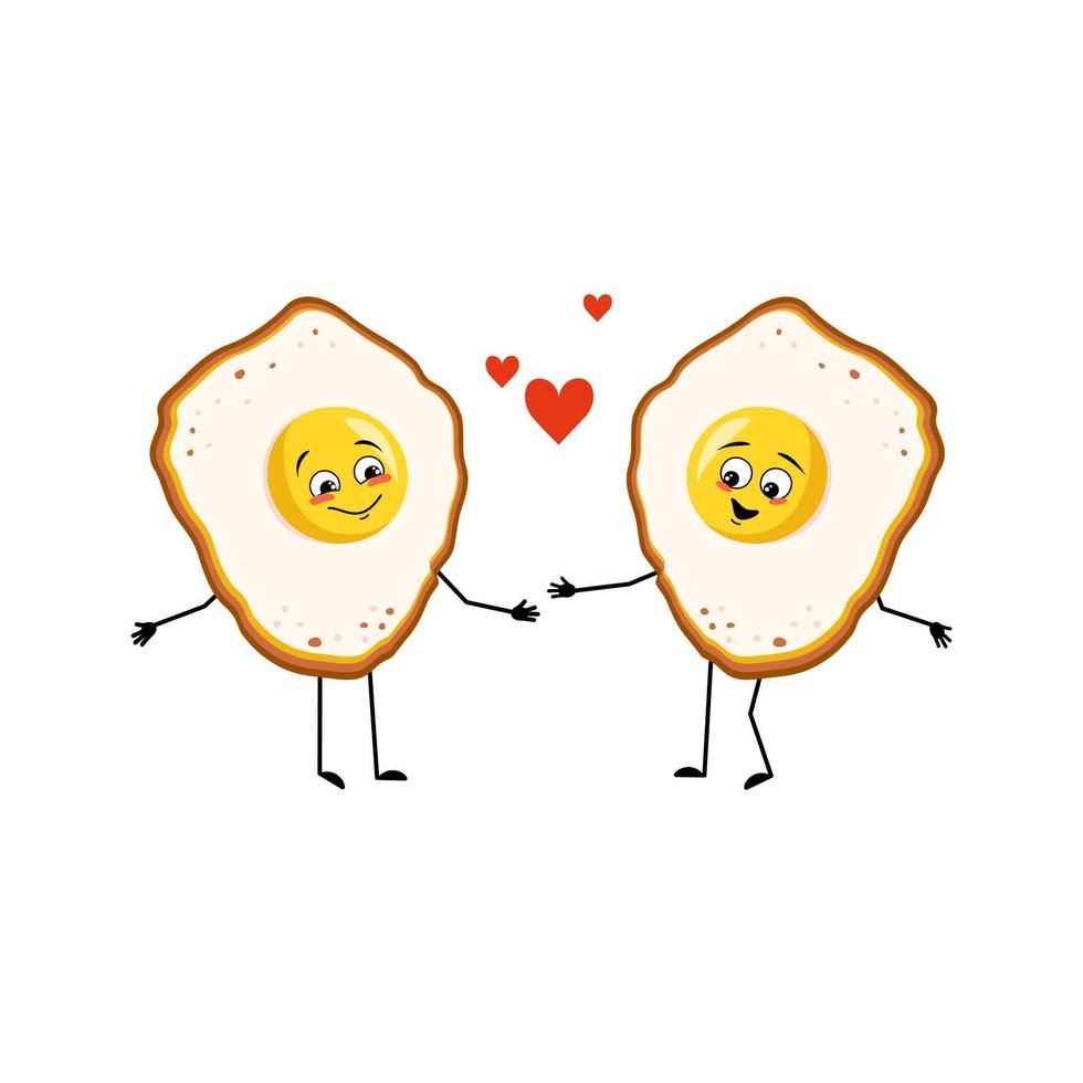 Huevos revueltos de lindo personaje con yema y proteína, con emociones de amor, cara de sonrisa, brazos y piernas. comida divertida para el desayuno. vector ilustración plana