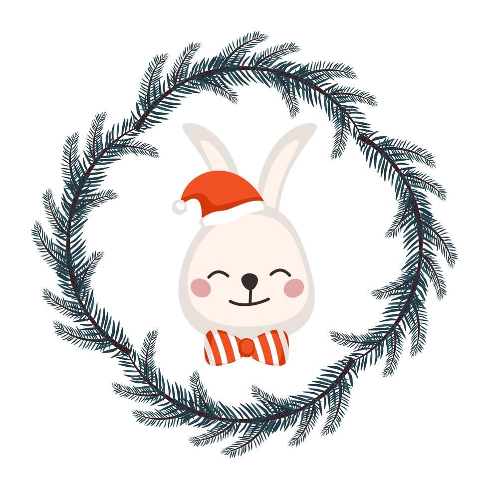 Cute white rabbit or hare in Santa hat and bow in childish style with frame from festive Christmas wreath. Funny animal with happy face. Decorations for New Year and holiday. Vector flat illustration