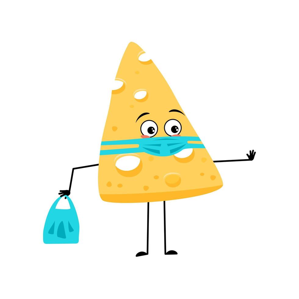 Lindo personaje de queso con emociones tristes, cara y máscara, mantener la distancia, manos con bolsa de compras y detener el gesto. comida láctea o merienda. vector ilustración plana