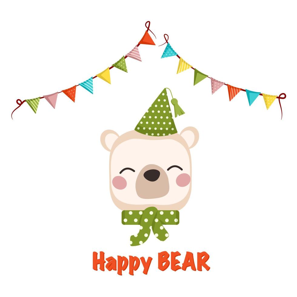 Cute white polar bear in children style with festive decorations for holiday. Funny animal with happy face, cap, bow and garland of flags. Vector flat illustration