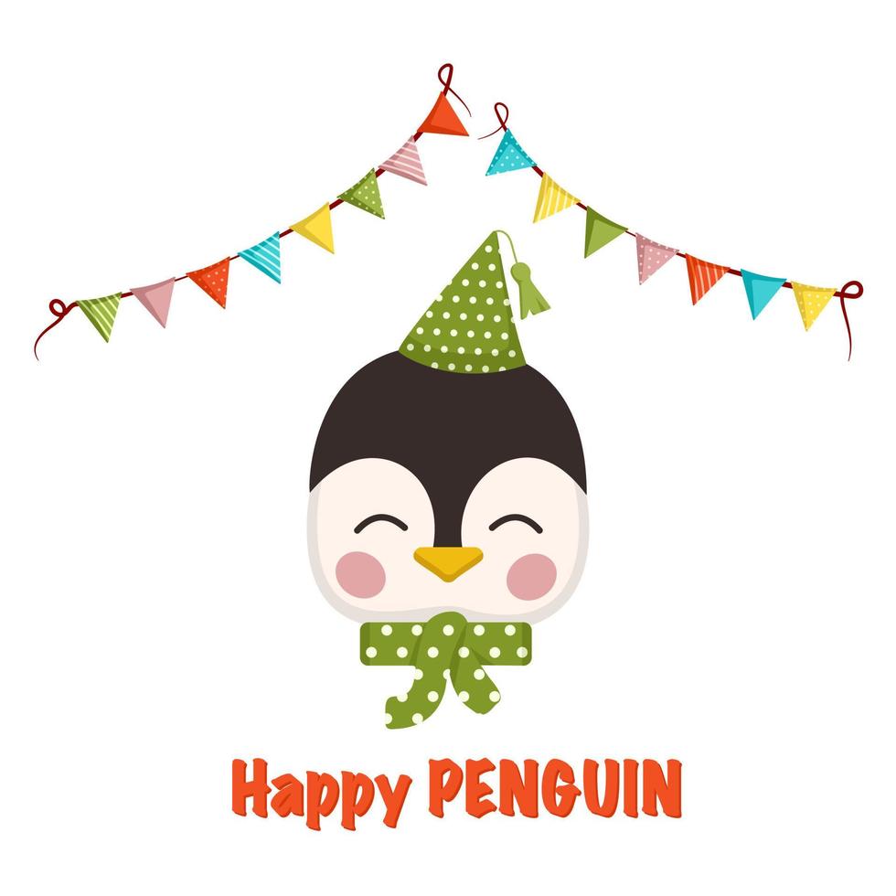 Cute penguin in children style with festive decorations for holiday. Funny animal with happy face, cap, bow and garland of flags. Vector flat illustration