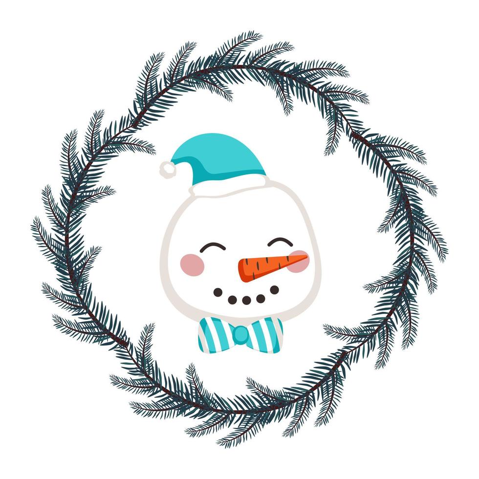 Cute snowman in hat and bow in childish style with frame from festive Christmas wreath. Funny character with happy face. Vector flat illustration for holiday and new year